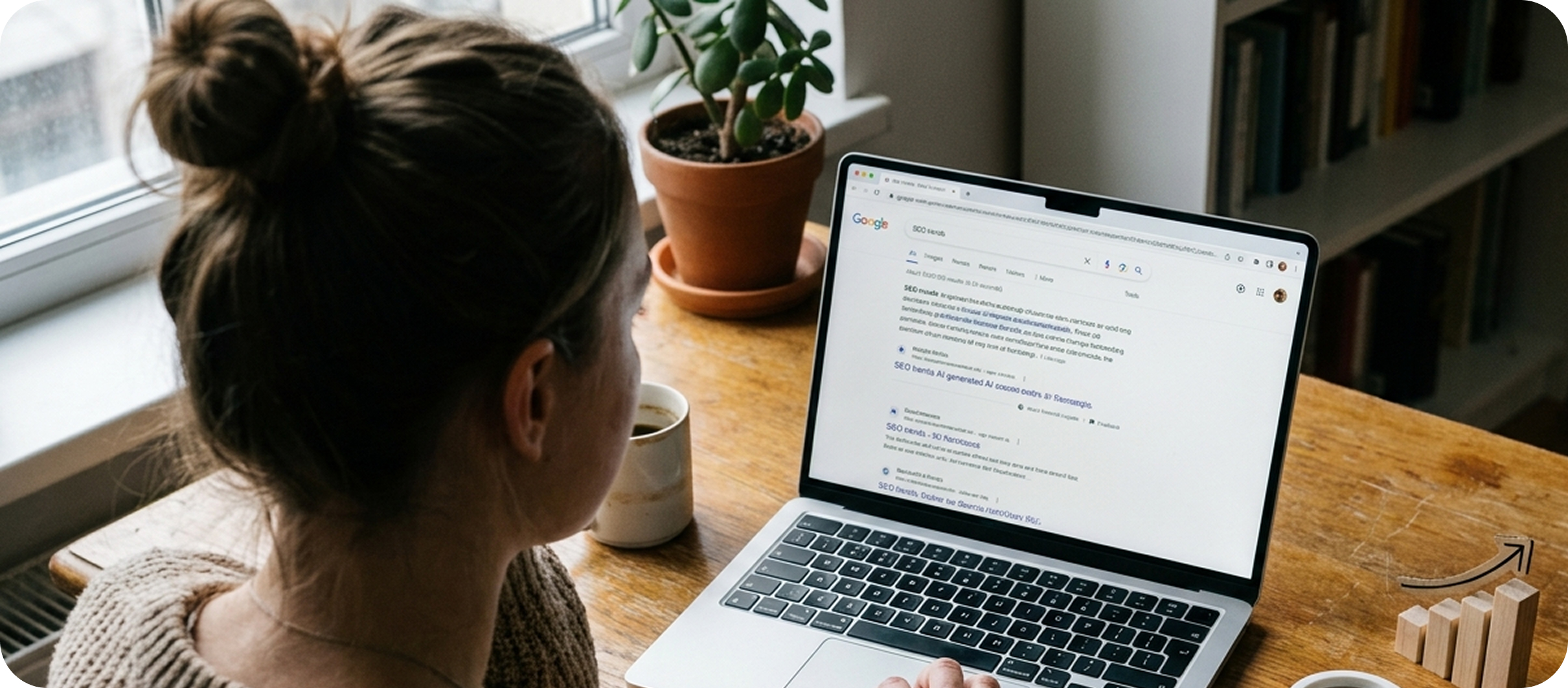 Picture of a laptop showing a Google search page with an AI answer